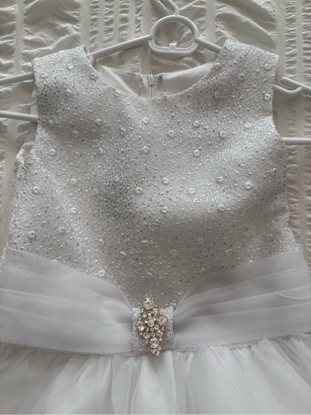 Elegant White Beaded Girls' Formal Dress with Crystal Waist Accent